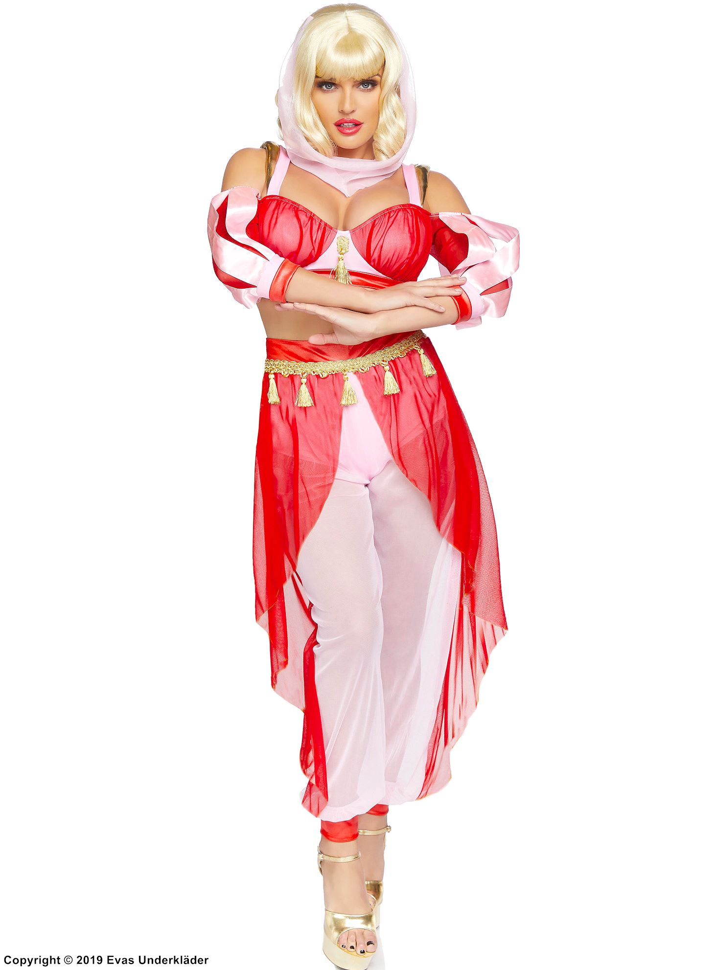 Female genie in a bottle, costume top and pants, tassels, cold shoulder
